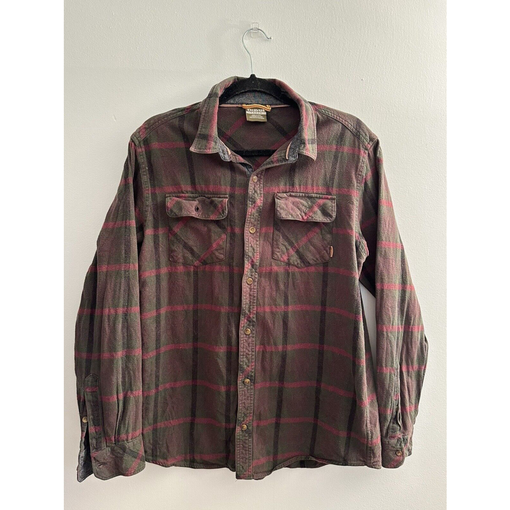 Dravus Flannel Button Up Shirt Mens Large Long Sleeve Green Brown Red Plaid